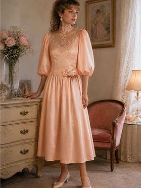 Vintage 80s Womens XS Peach High Neck Taffeta Prom Dress Bridesmaid Lace Gown